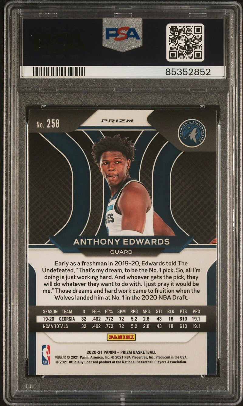 2020 Panini Prizm 258 Anthony Edwards Red/white/blue Prizm PSA 9
