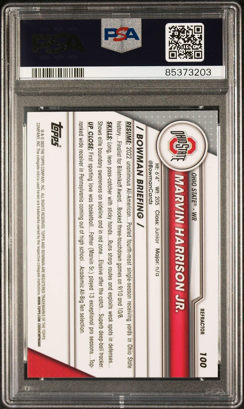 2023 Bowman University Chrome 100 Marvin Harrison Jr. Refractor PSA 10