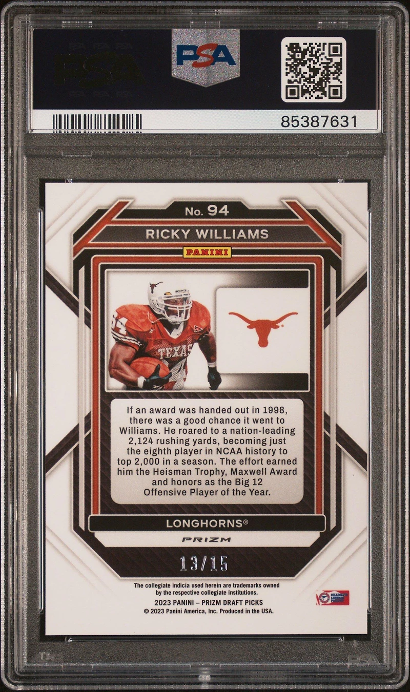 2023 Panini Prizm Draft Picks 94 Ricky Williams Gold Shimmer PSA 9