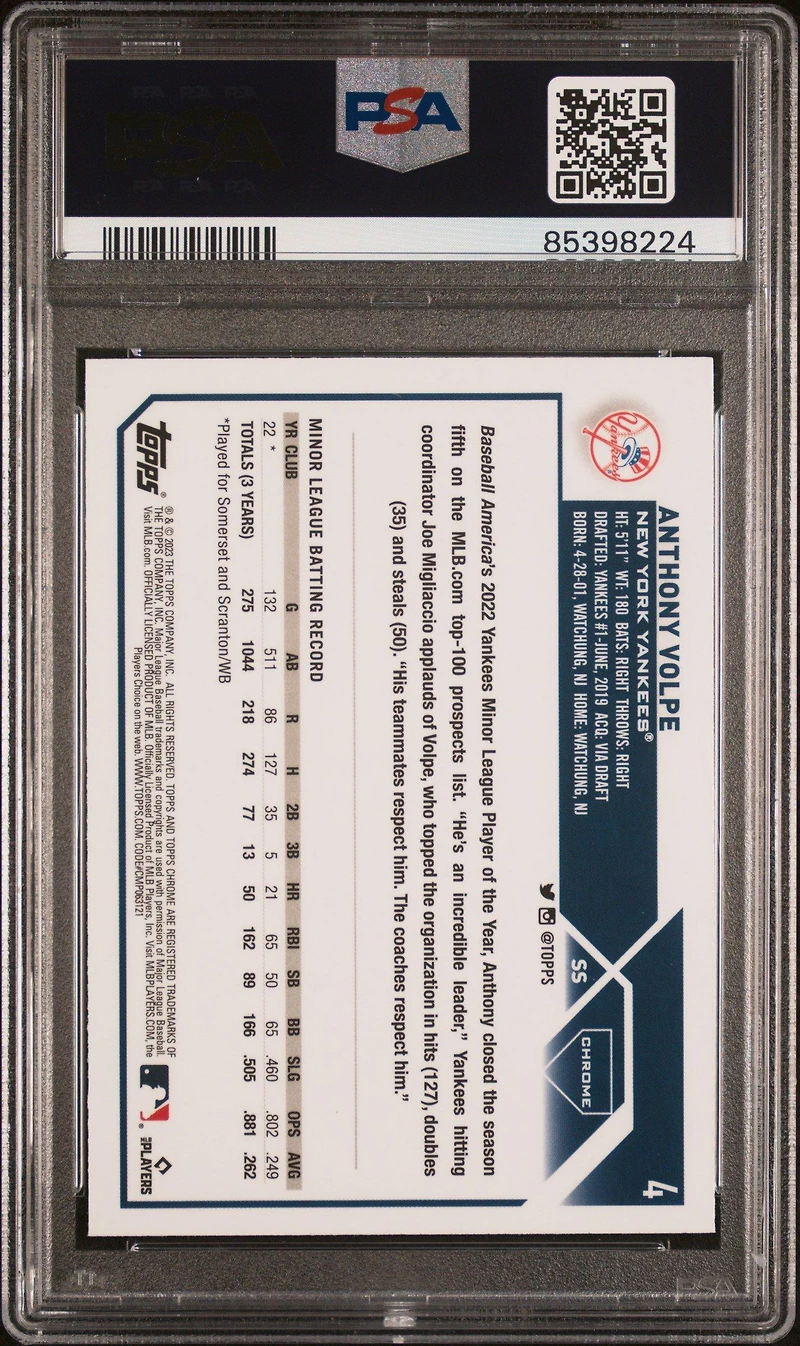 2023 Topps Chrome 4 Anthony Volpe Prism Refractor PSA 10
