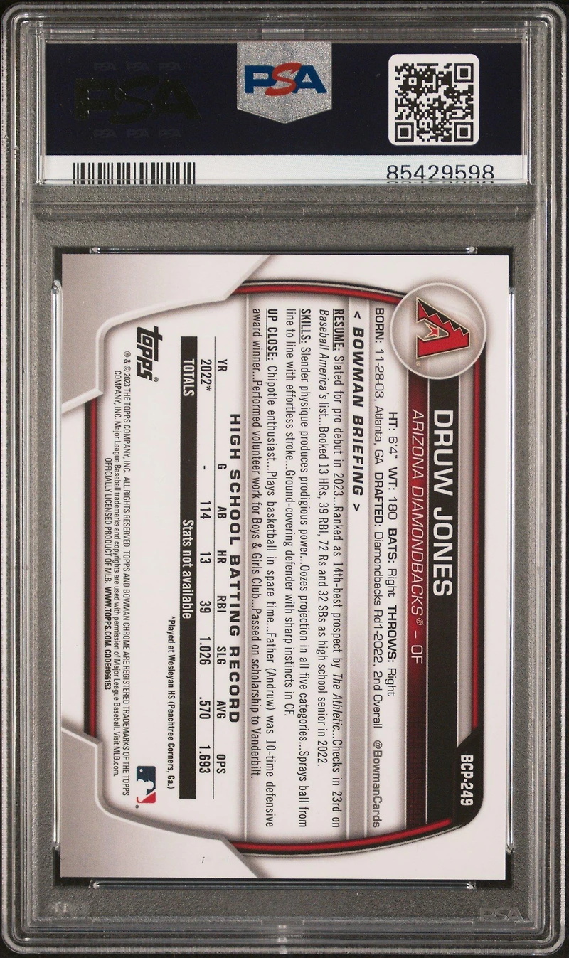 2023 Bowman Chrome Sapphire Edition Prospects 249 Druw Jones Aqua PSA 10