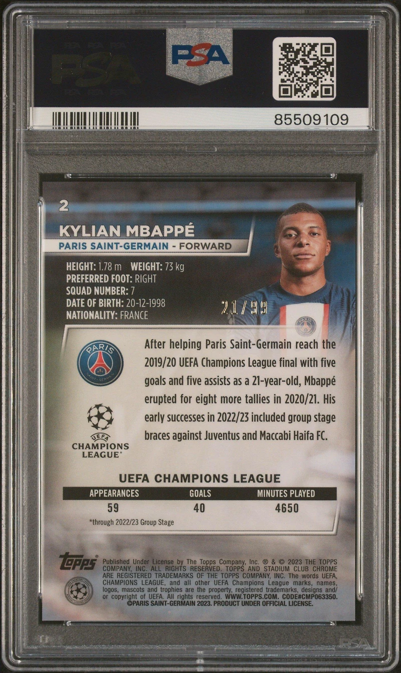 2022-23 Topps Stadium Club Chrome Uefa Club Competitions 2 Kylian Mbappe Green Refractor PSA 10