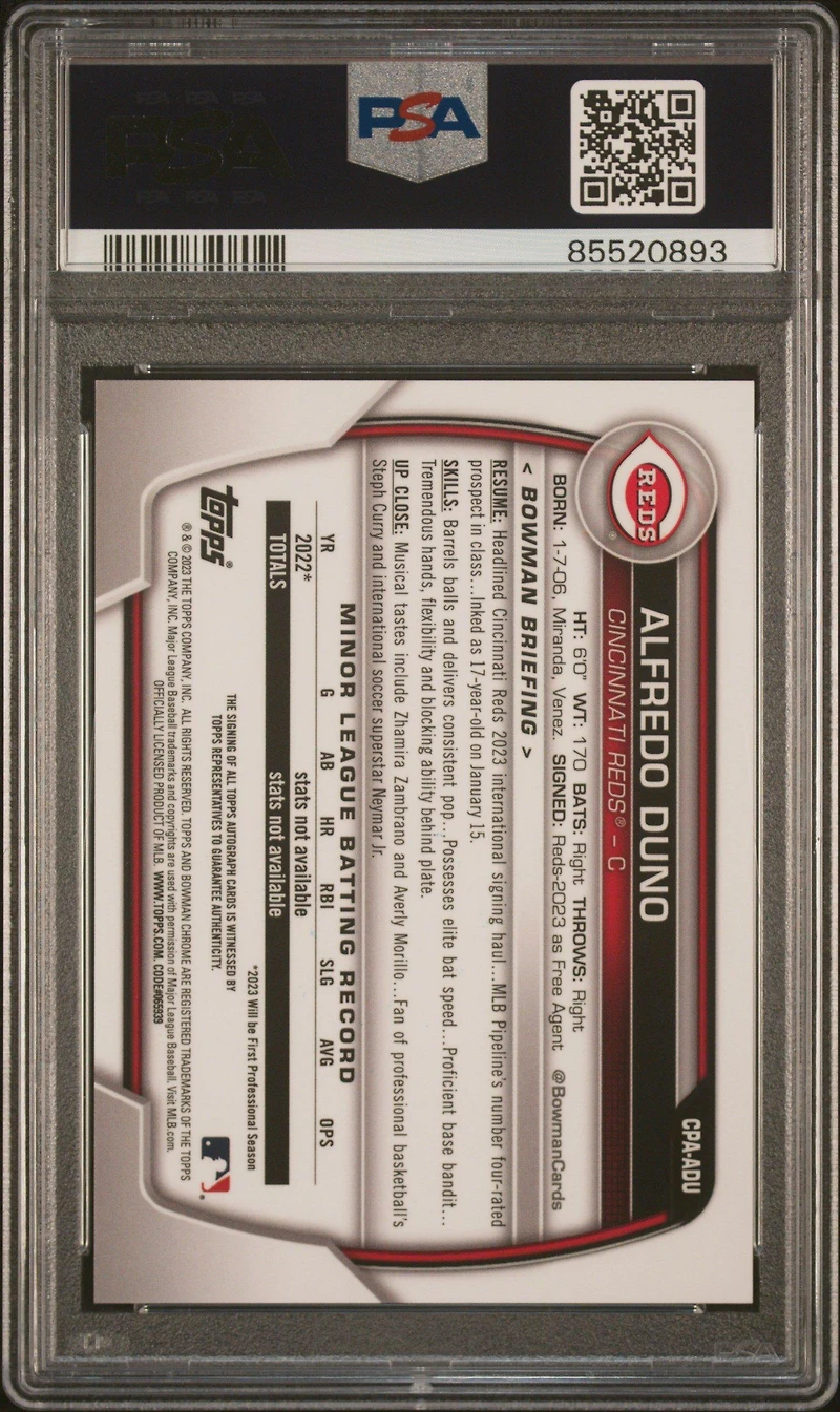 2023 Bowman Chrome Prospect Autographs Cpaadu Alfredo Duno Blue Raywave PSA 10