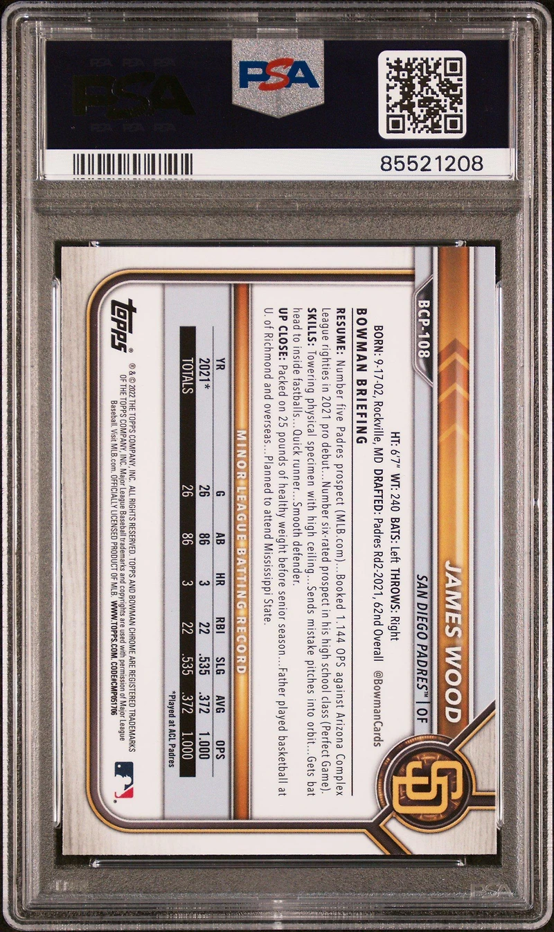 2022 Bowman Chrome Prospects Bcp108 James Wood PSA 10