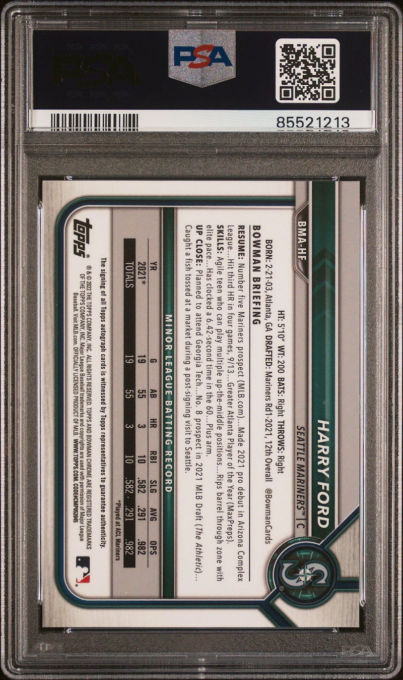 2022 Bowman Mega Box Chrome Autographs Hf Harry Ford PSA 10