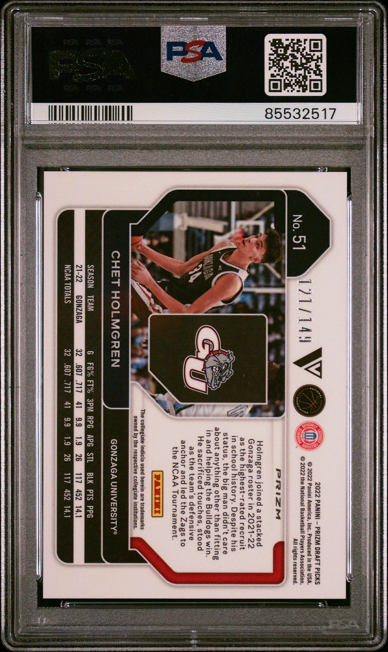 2022-23 Panini Prizm Draft Picks 51 Chet Holmgren PSA 9