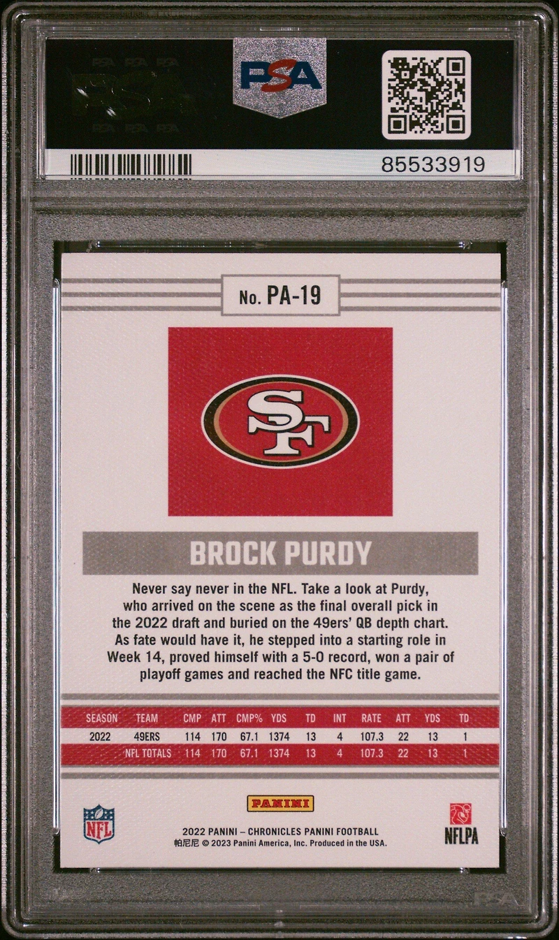 2022 Panini Chronicles Panini Pa19 Brock Purdy PSA 9
