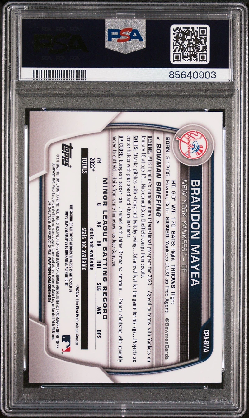 2023 Bowman Chrome Prospect Autographs Cpabma Brandon Mayea PSA 10