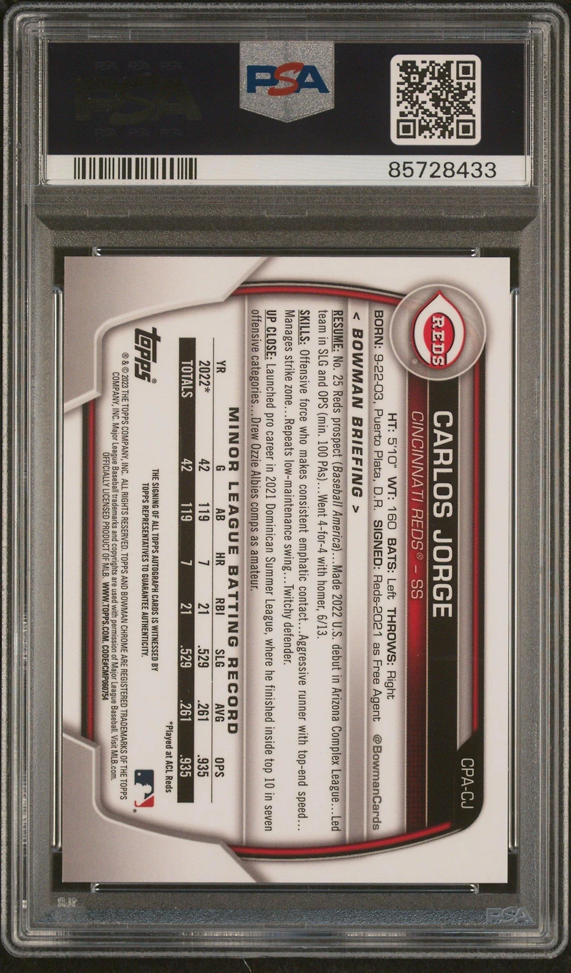 2023 Bowman Chrome Prospect Autographs Cpacj Carlos Jorge Purple Refractor PSA 10