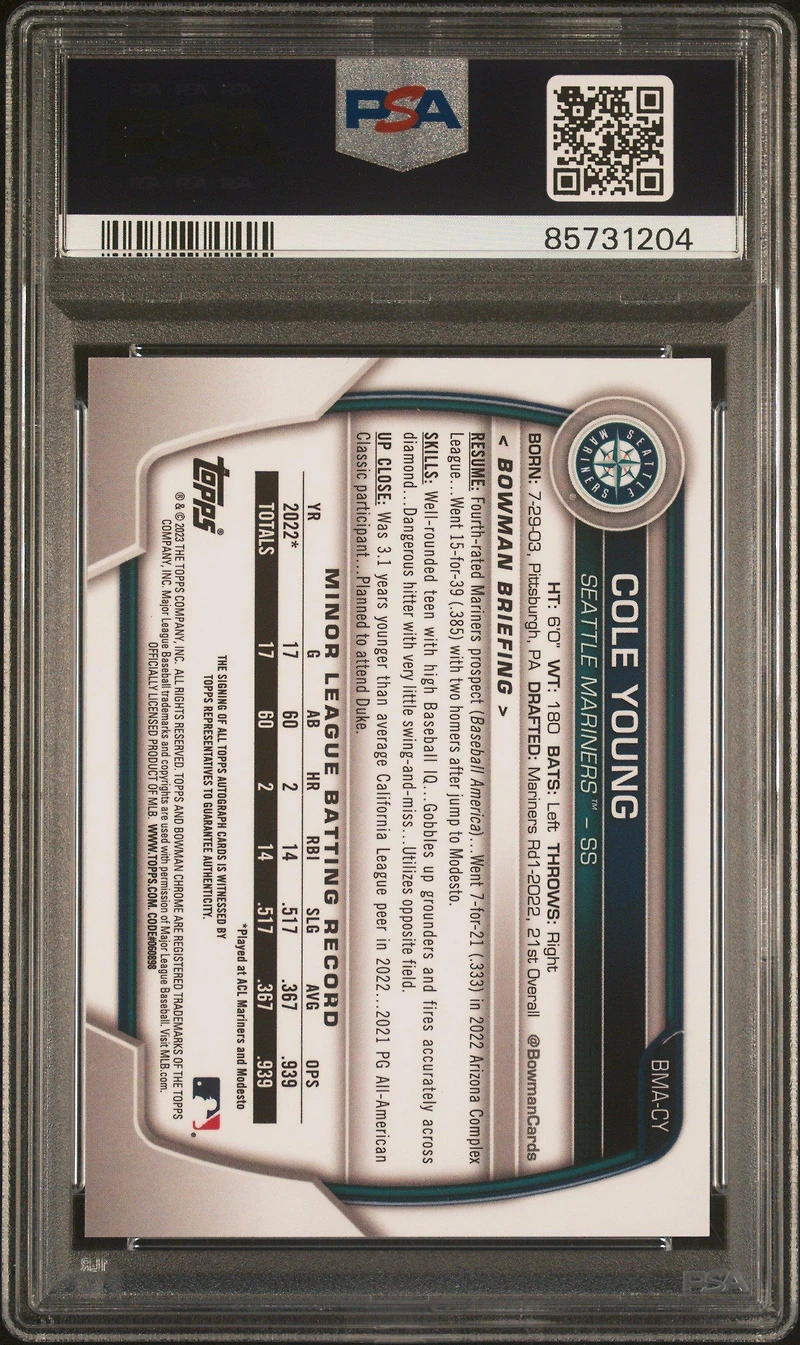 2023 Bowman Mega Box Chrome Prospect Autographs Cy Cole Young PSA 10