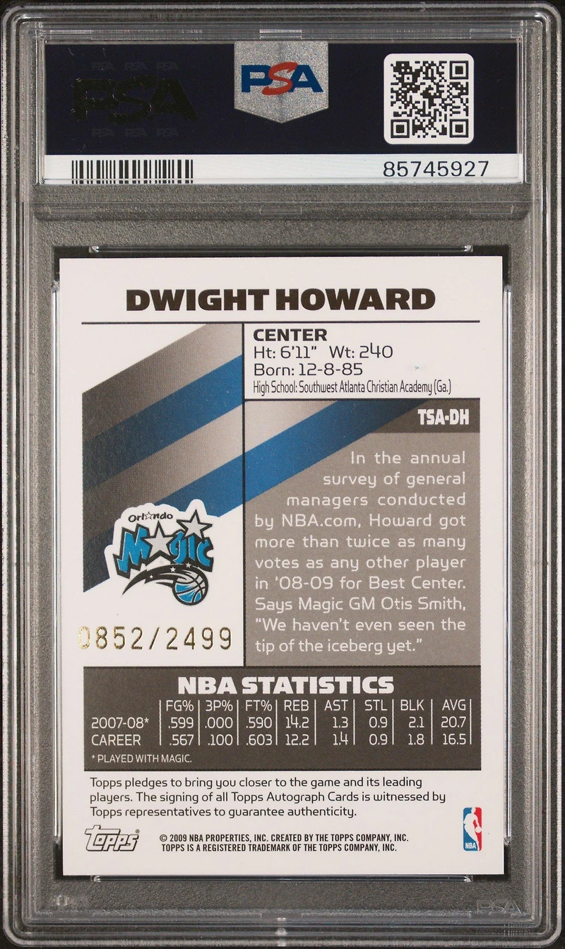 2008 Topps Signature Autographs Tsadh Dwight Howard PSA 10