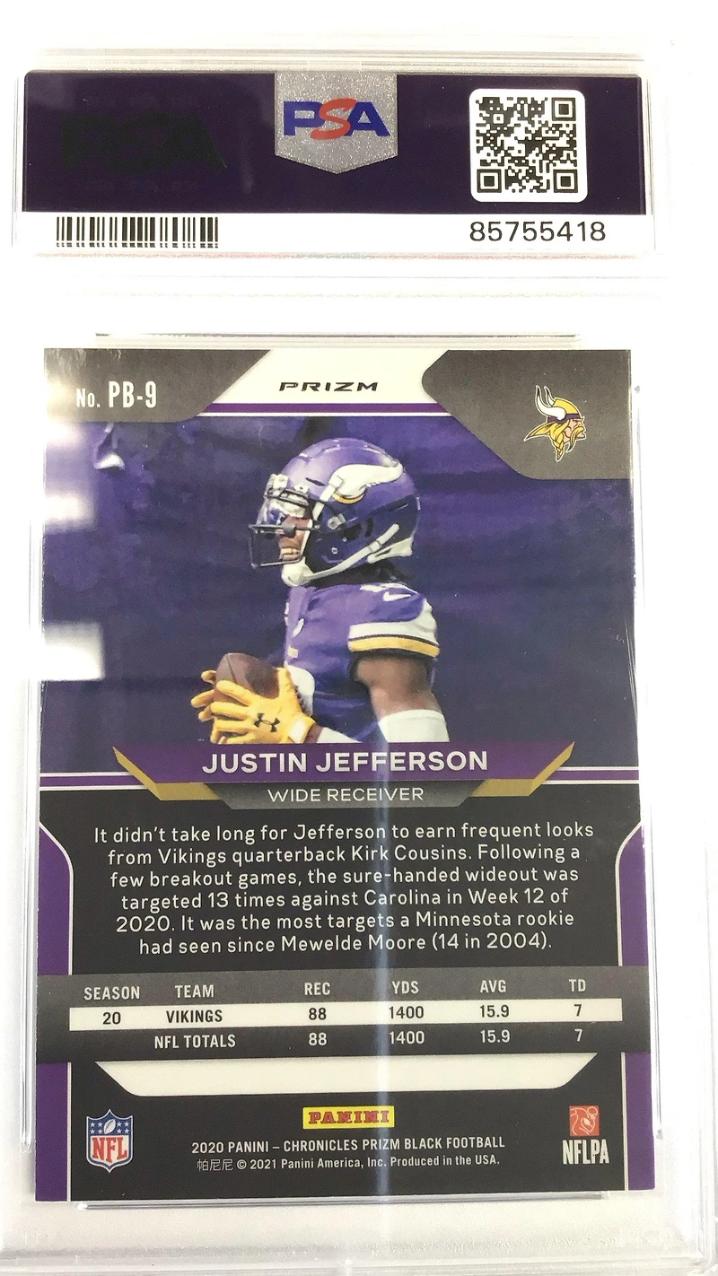 2020 Panini Chronicles Prizm Black Pb9 Justin Jefferson PSA 9