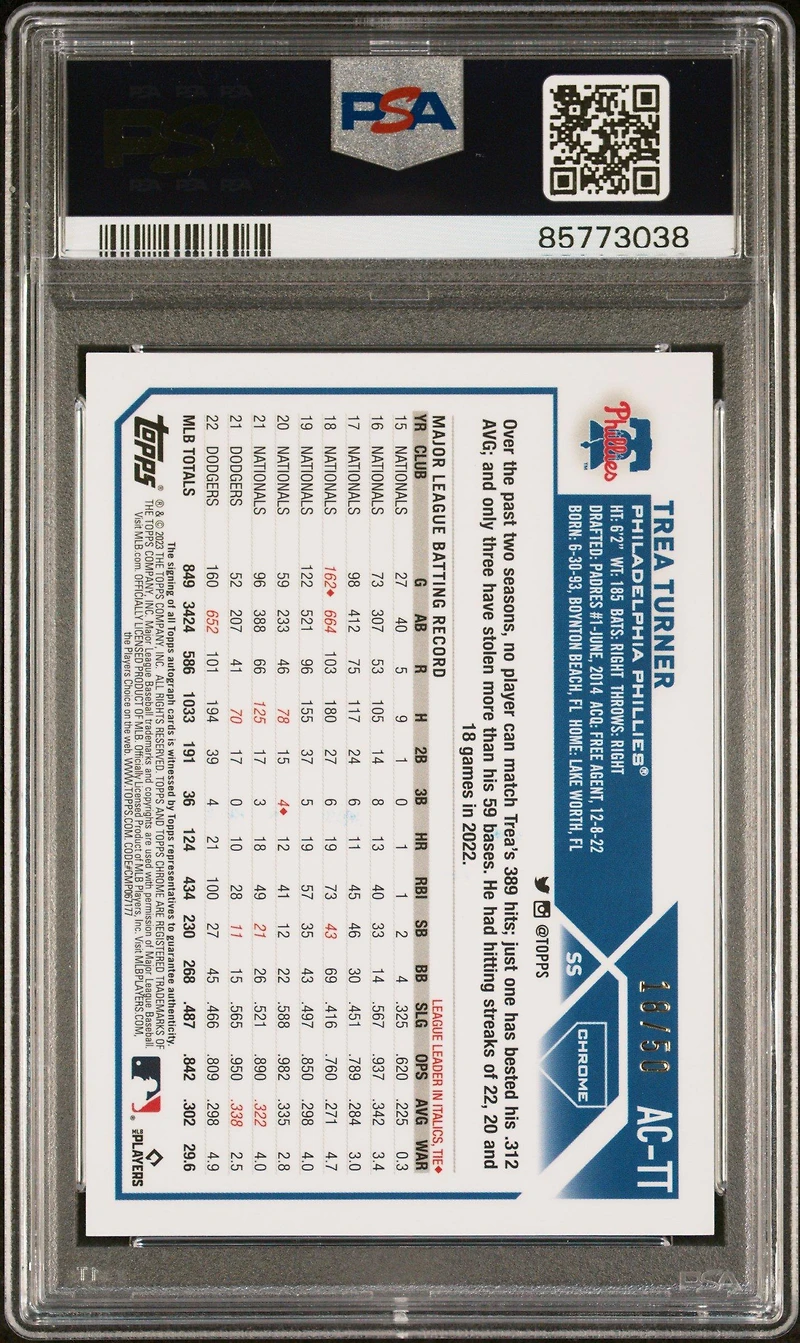 2023 Topps Chrome Update Autograph Actt Trea Turner Gold Refractor PSA 9