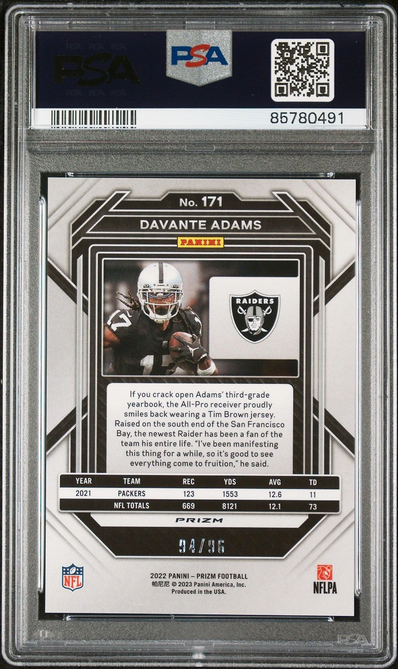 2022 Panini Prizm 171 Davante Adams Blue Sparkle PSA 10
