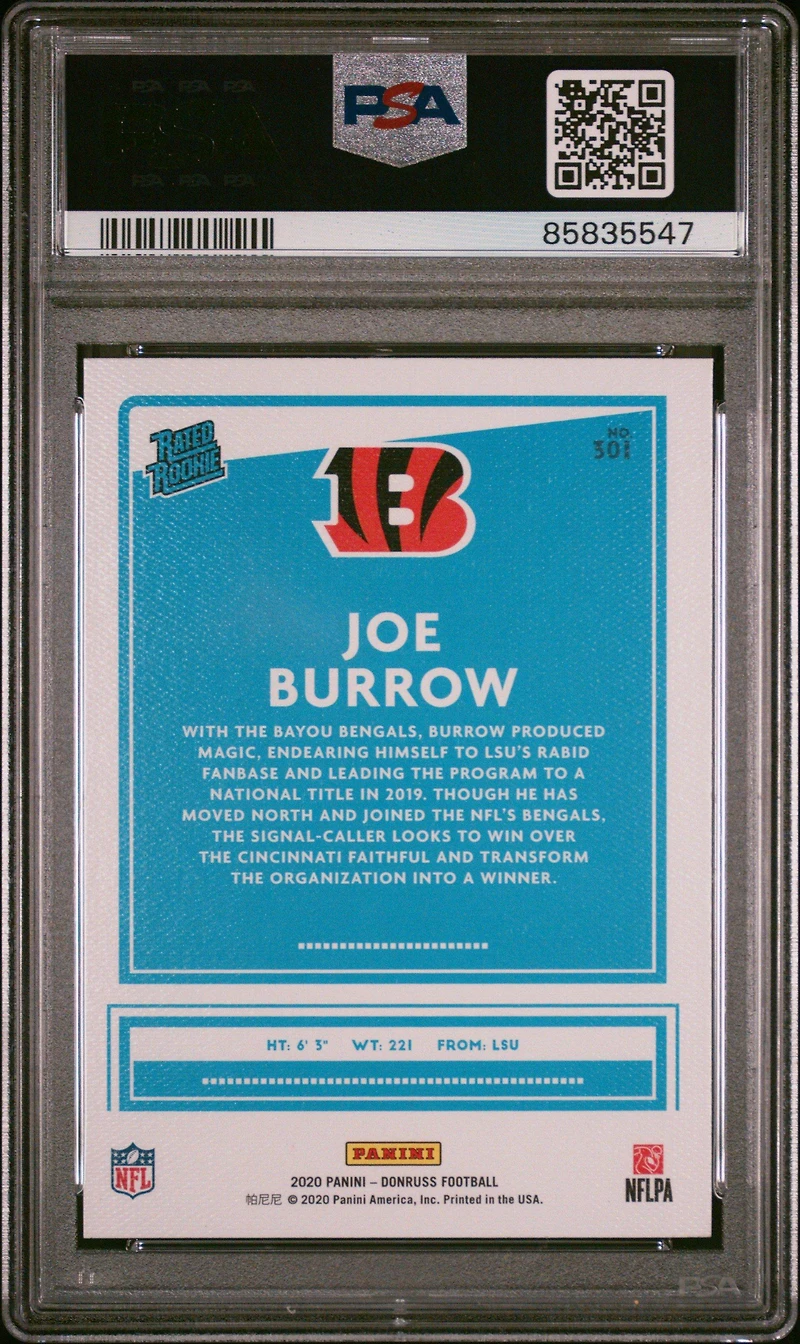 2020 Panini Donruss 301 Joe Burrow Canvas PSA 10