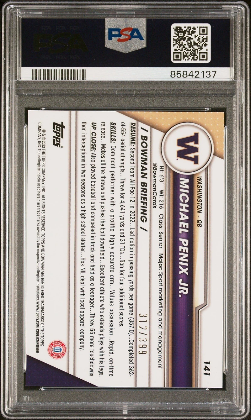 2023 Bowman University Chrome 141 Michael Penix Jr. Purple Mini Diamond Refractor PSA 10