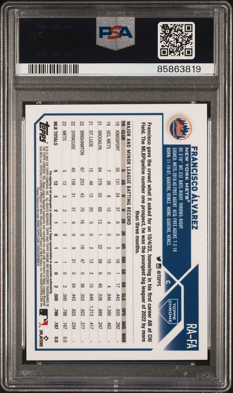 2023 Topps Chrome Rookie Autograph Rafa Francisco Alvarez Purple Speckle Refractor PSA 10