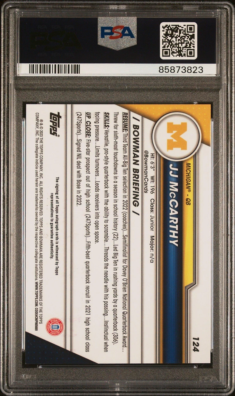 2023 Bowman University Chrome 124 Jj Mccarthy Autograph PSA 9