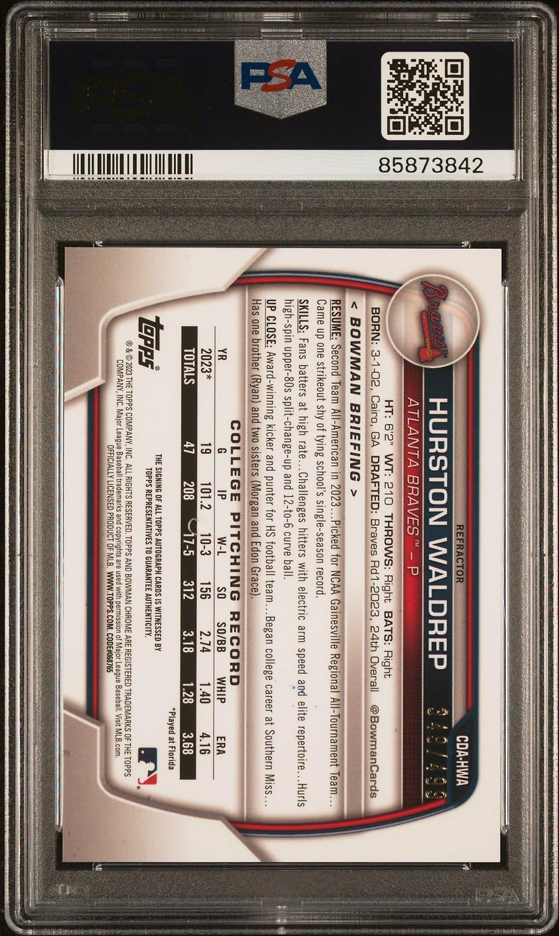 2023 Bowman Draft Chrome Prospect Autograph Cdahwa Hurston Waldrep Refractor PSA 10