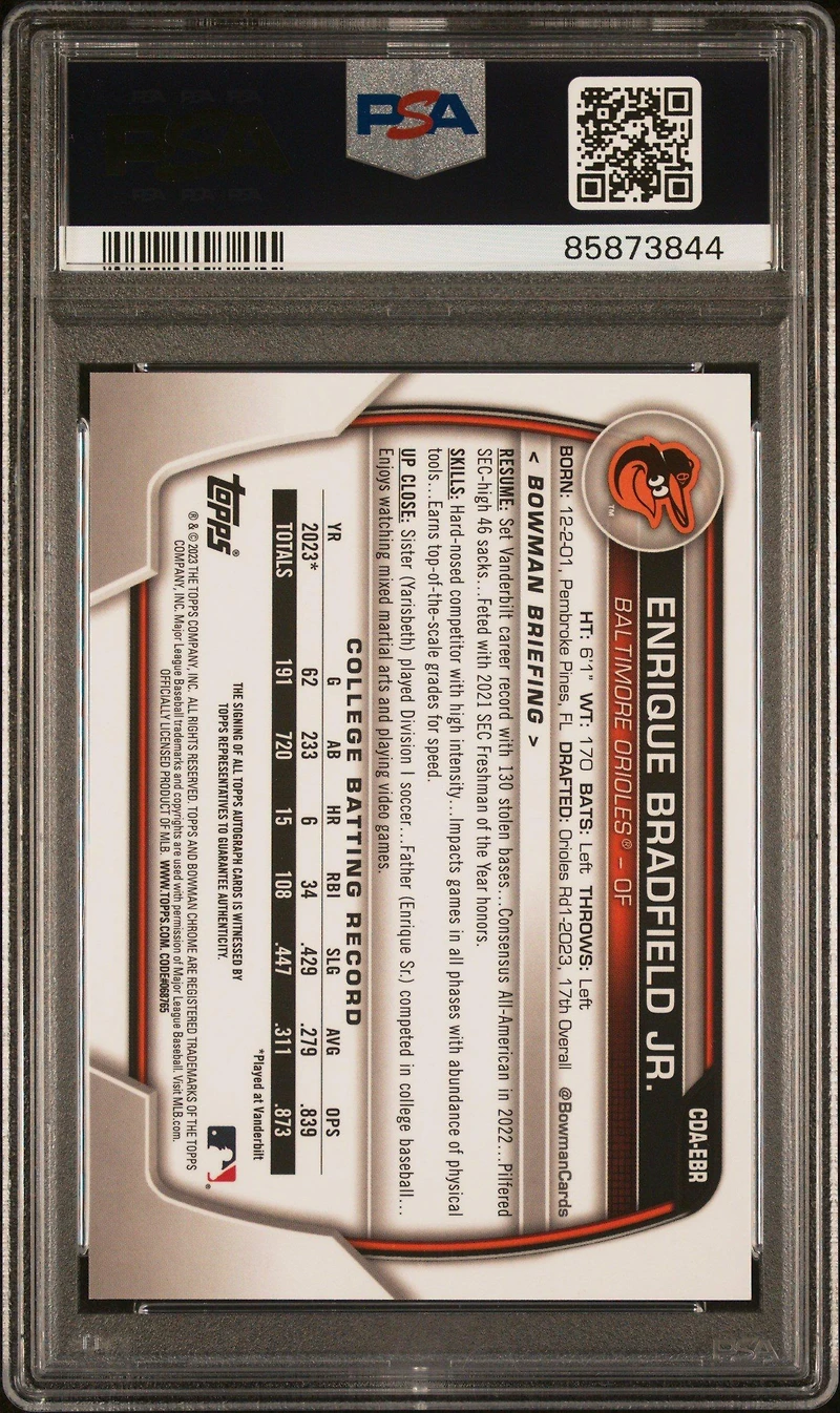2023 Bowman Draft Chrome Prospect Autograph Cdaebr Enrique Bradfield Jr. PSA