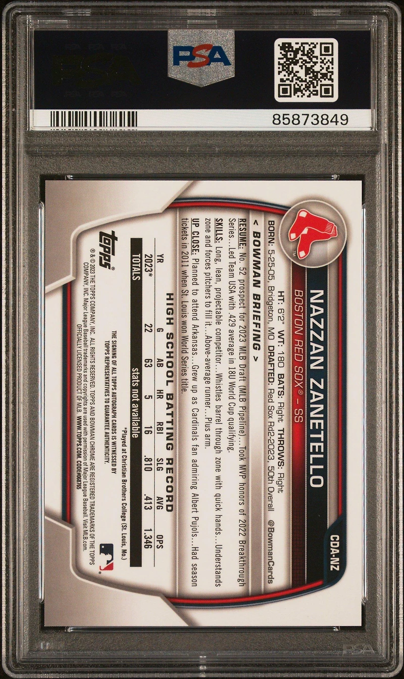 2023 Bowman Draft Chrome Prospect Autograph Cdanz Nazzan Zanetello PSA 10