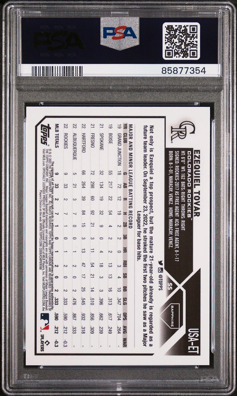 2023 Topps Chrome Update Sapphire Edition Autograph Et Ezequiel Tovar PSA 9