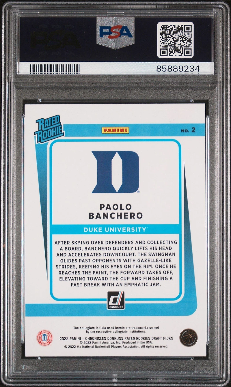2022 Panini Chronicles Draft Picks Donruss Rated Rookie 2 Paolo Banchero PSA 10