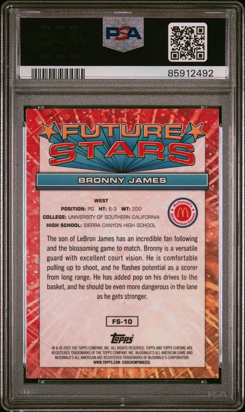 2023 Topps Chrome Mcdonald's All-american Future Stars Fs10 Bronny James PSA 10