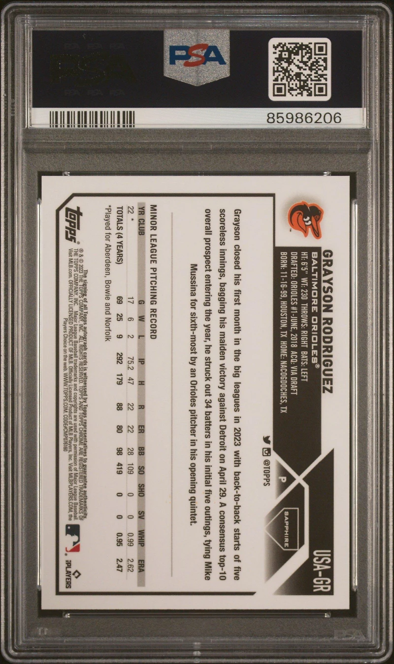 2023 Topps Chrome Update Sapphire Edition Autograph Gr Grayson Rodriguez PSA 10