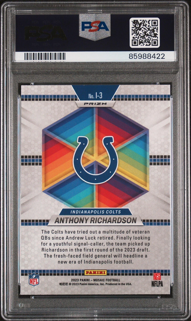 2023 Panini Mosaic Introductions I3 Anthony Richardson No Huddle Silver PSA 10
