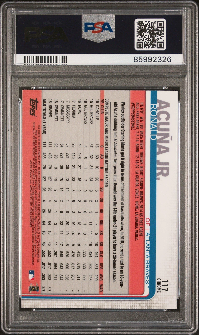 2019 Topps Chrome 117 Ronald Acuna Jr. Kneeling-refractor PSA 10