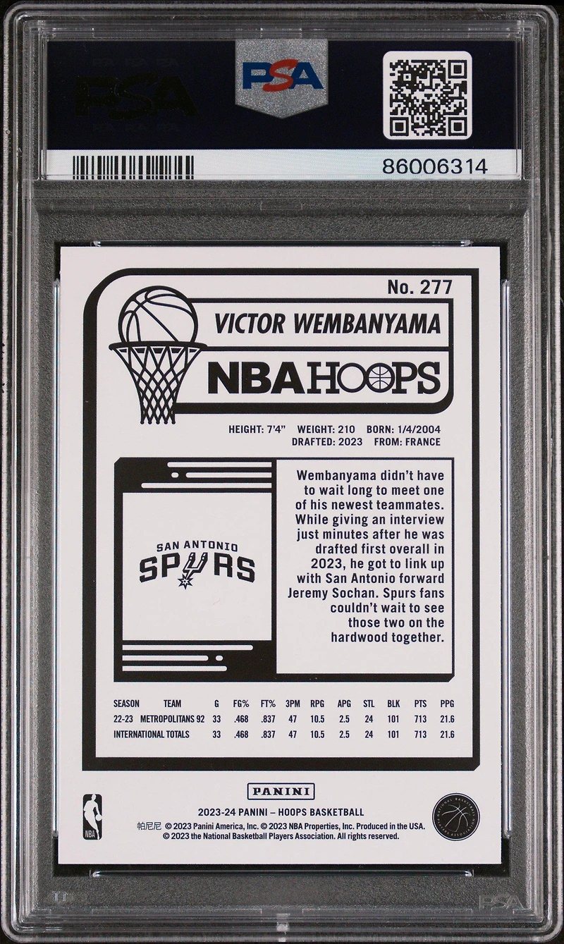2023 Panini Nba Hoops 277 Victor Wembanyama Winter PSA 10