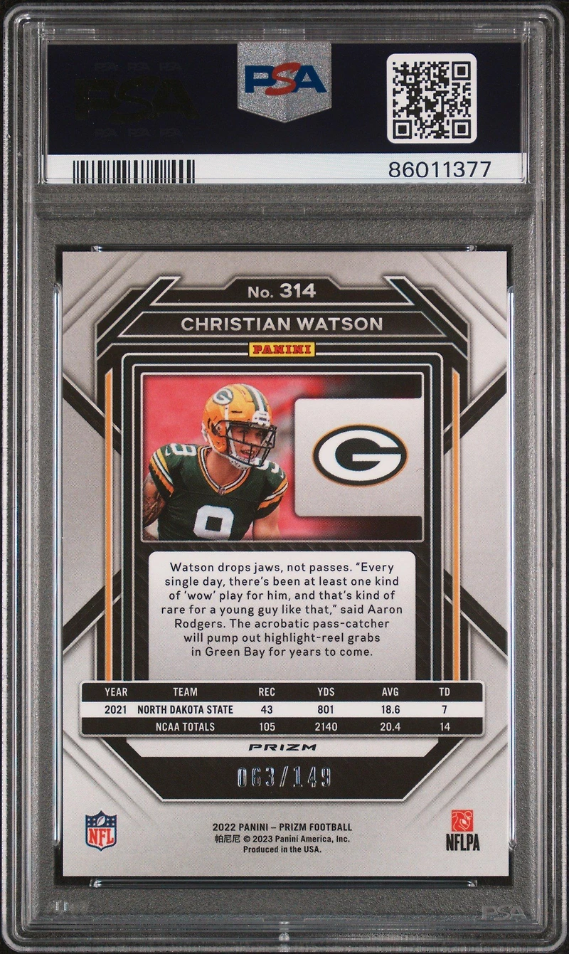 2022 Panini Prizm 314 Christian Watson Red Wave PSA 10