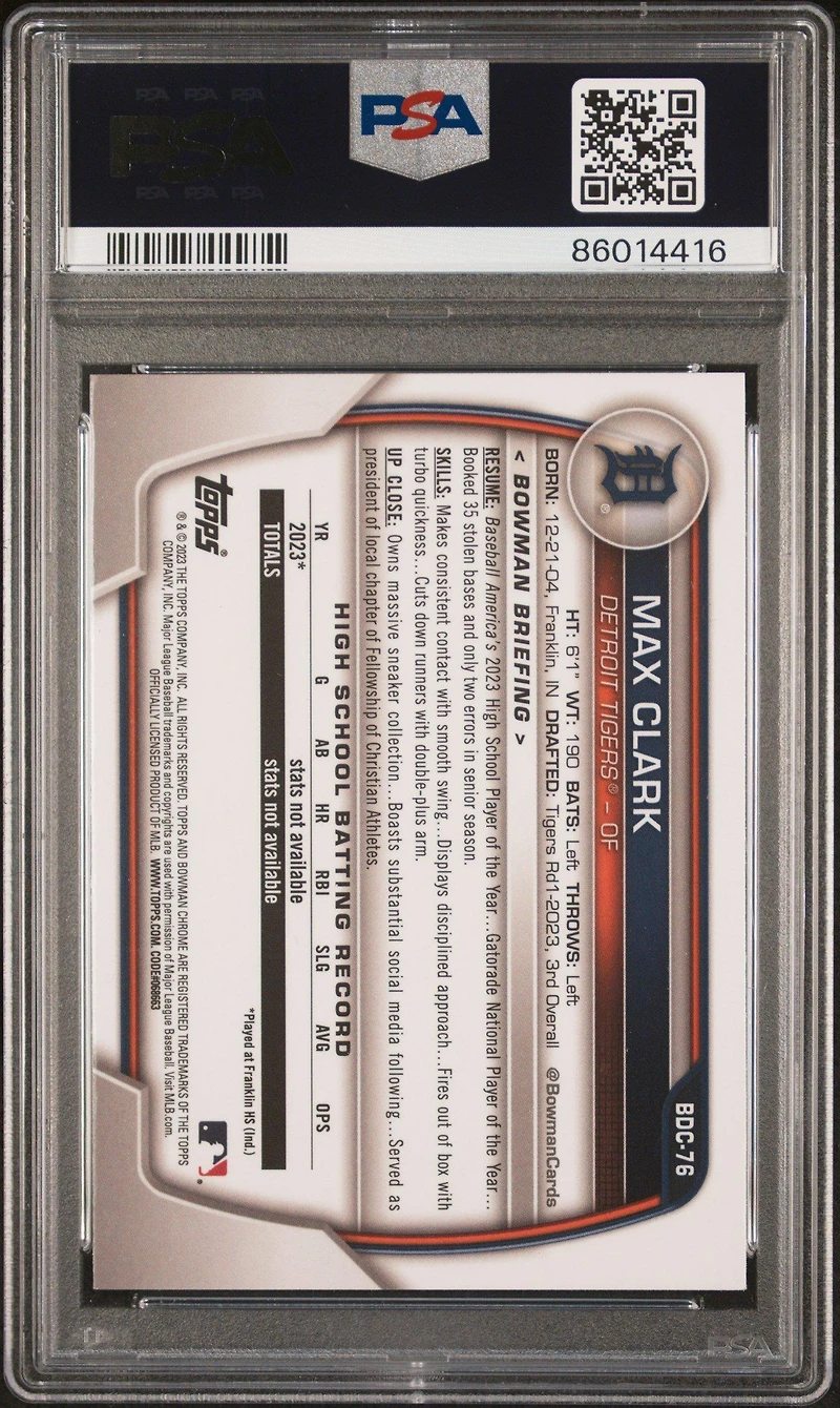 2023 Bowman Draft Bdc76 Max Clark Chrome-sky Blue Refractor PSA 9