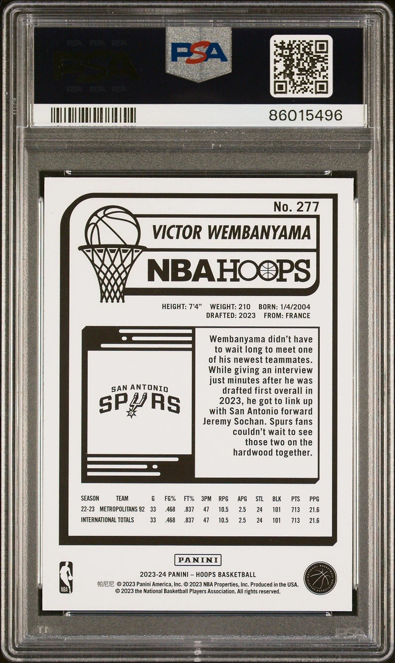 2023 Panini Nba Hoops 277 Victor Wembanyama Winter PSA 10