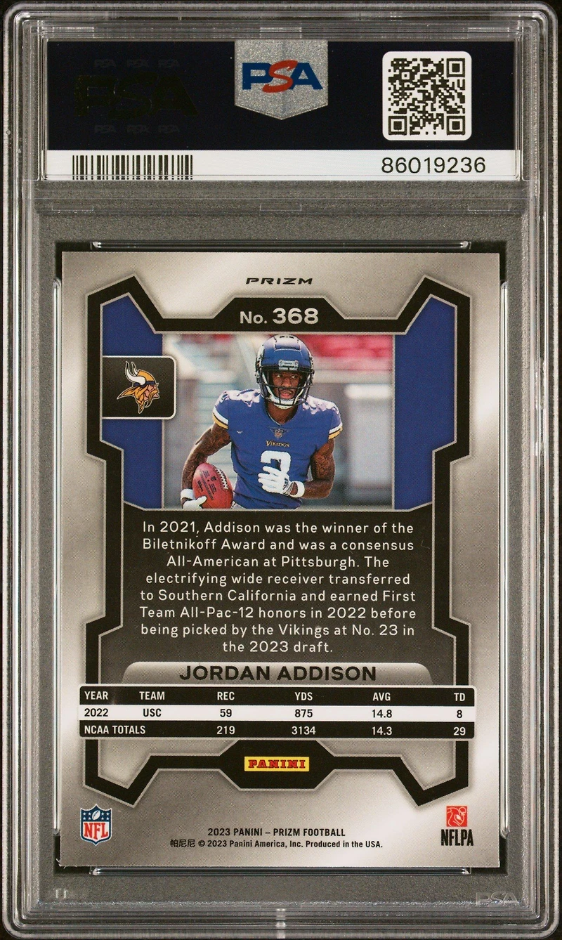 2023 Panini Prizm 368 Jordan Addison Neon Green Pulsar PSA