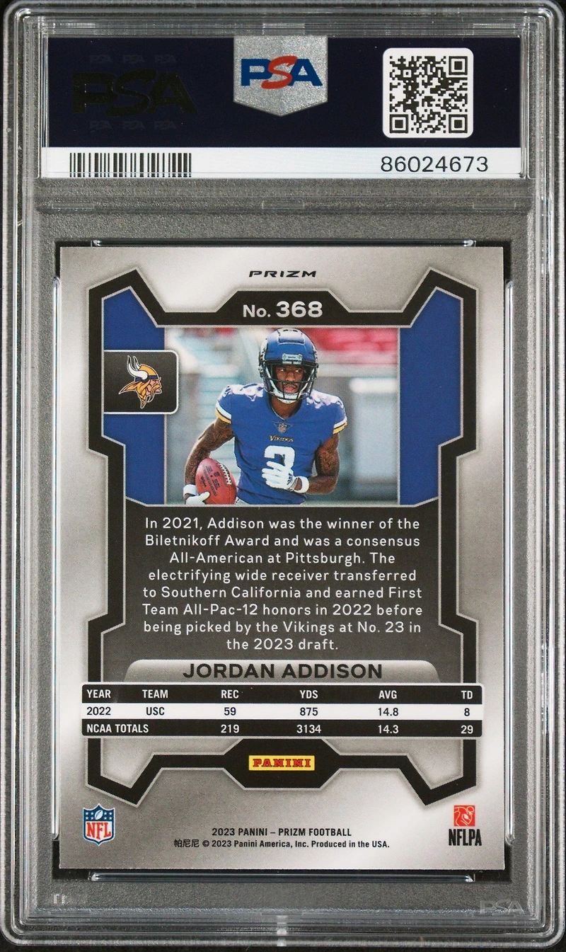 2023 Panini Prizm 368 Jordan Addison Lazer Prizm PSA 10