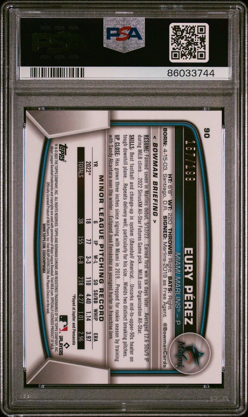 2023 Bowman Chrome 90 Eury Perez Aqua Raywave PSA 10
