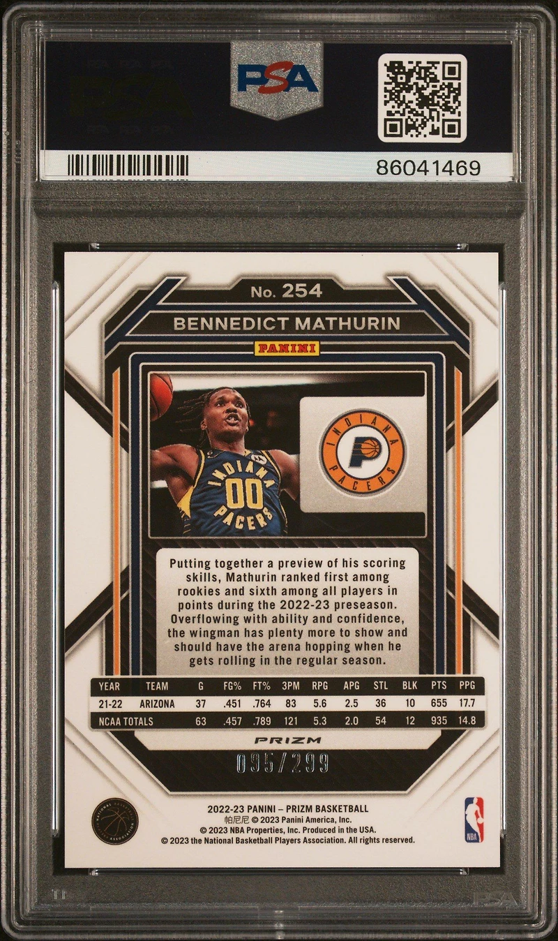 2022 Panini Prizm 254 Bennedict Mathurin Red Prizm PSA 10