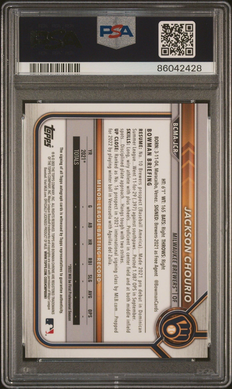 2022 Bowman Chrome Mega Box Autographs Jcr Jackson Chourio PSA 10