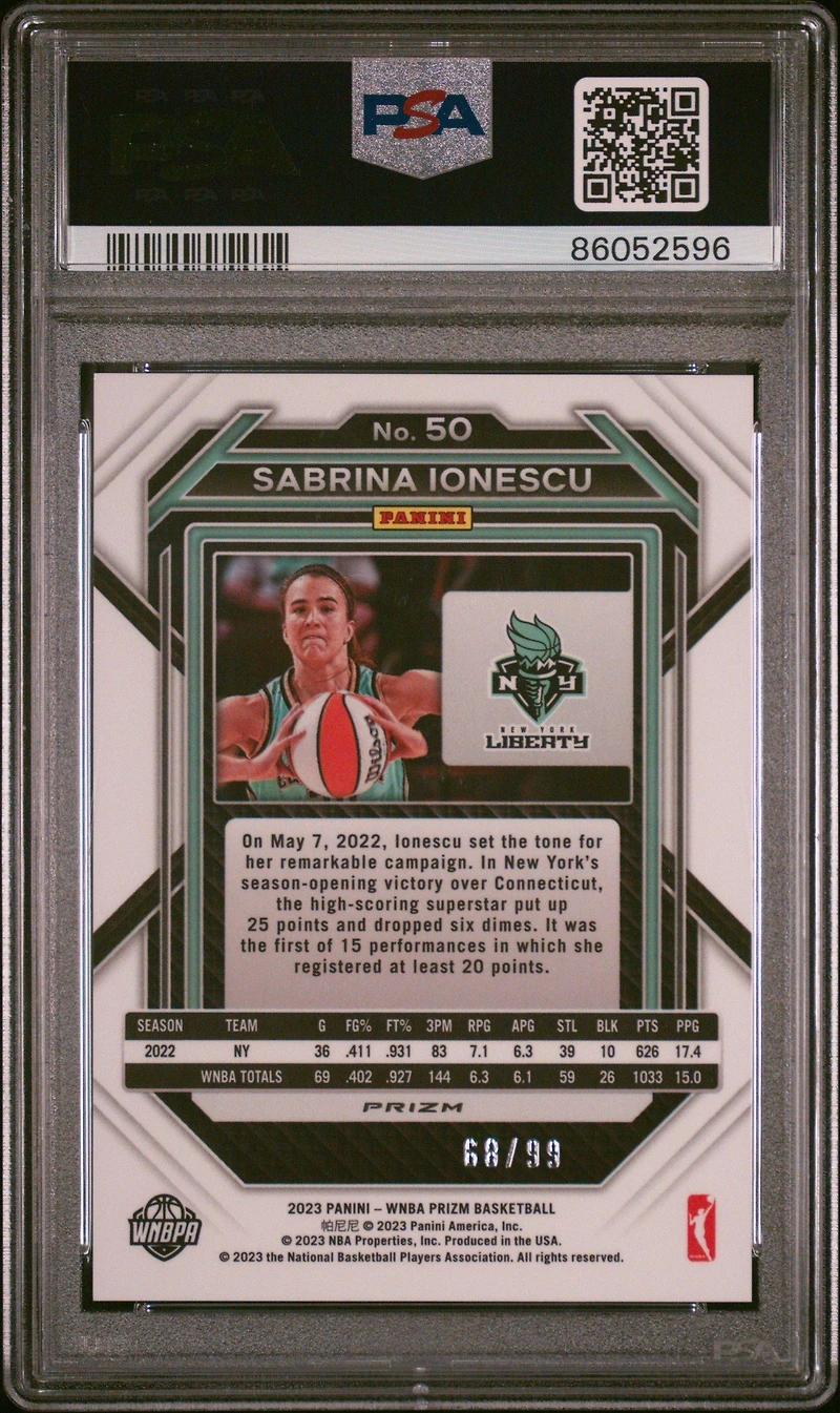 2023 Panini Prizm Wnba 50 Sabrina Ionescu Premium Set PSA 10