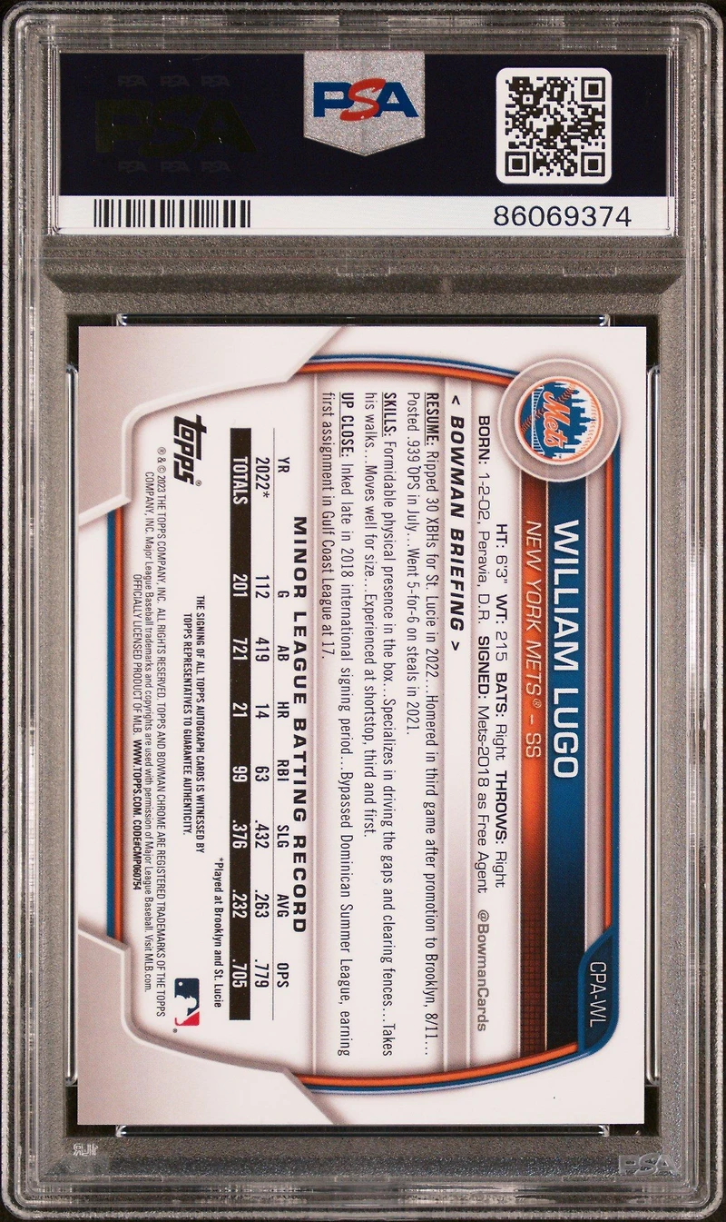 2023 Bowman Chrome Prospect Autographs Cpawl William Lugo PSA 10