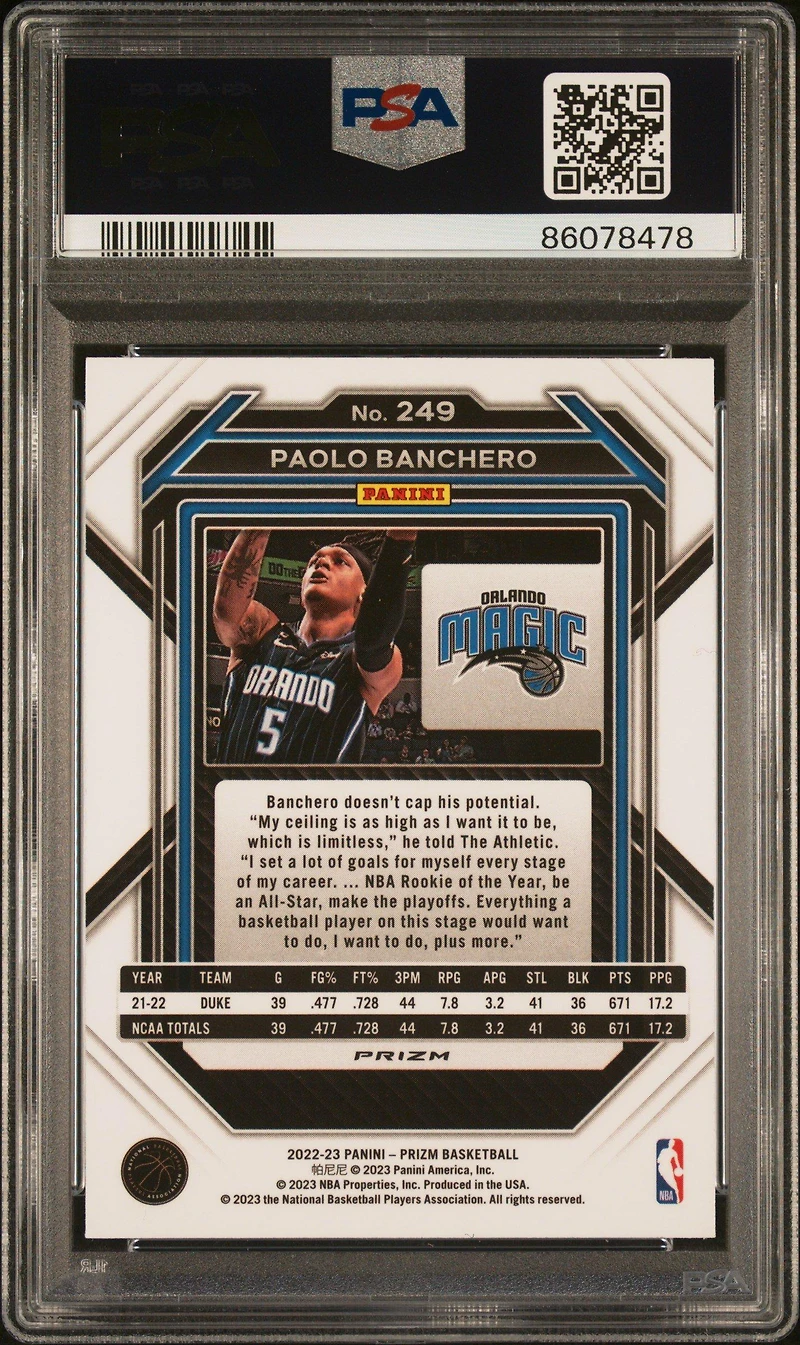 2022 Panini Prizm 249 Paolo Banchero Ice PSA