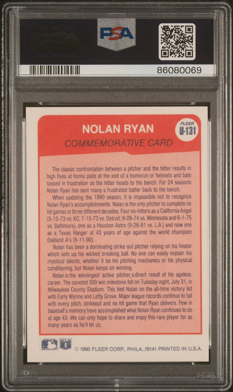 1990 Fleer Update U-131 Nolan Ryan 3 Decades Of No Hitters PSA 10