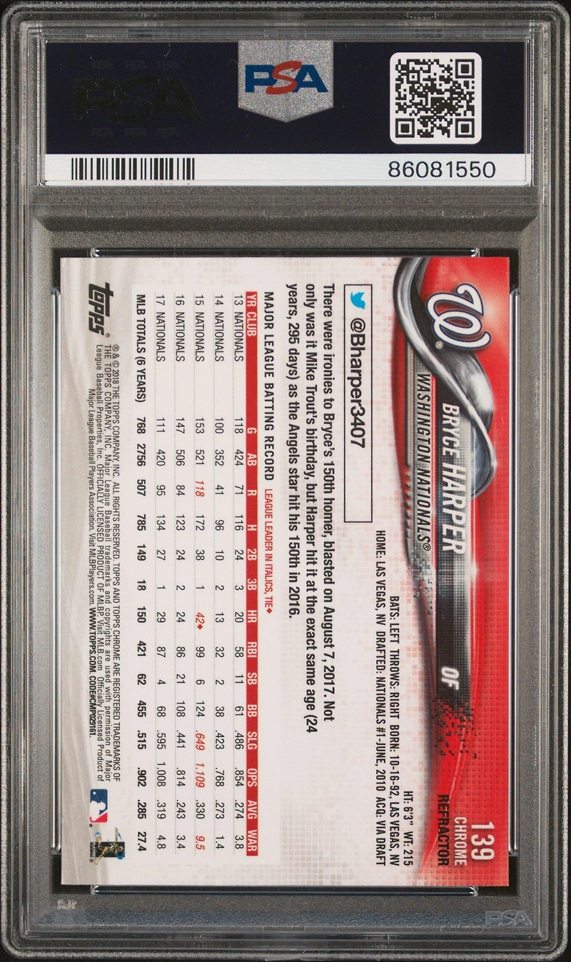 2018 Topps Chrome 139 Bryce Harper PSA 10