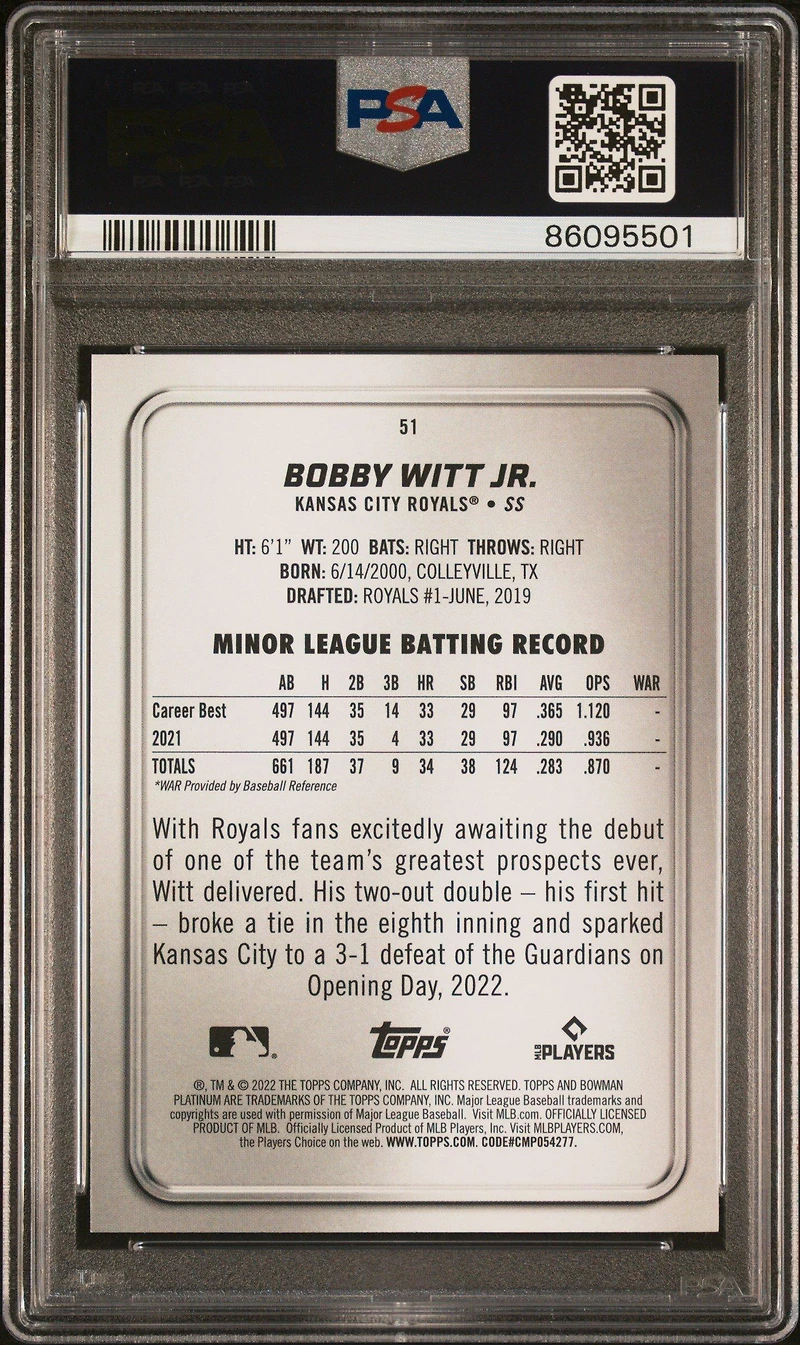 2022 Bowman Platinum 51 Bobby Witt Jr. PSA 10