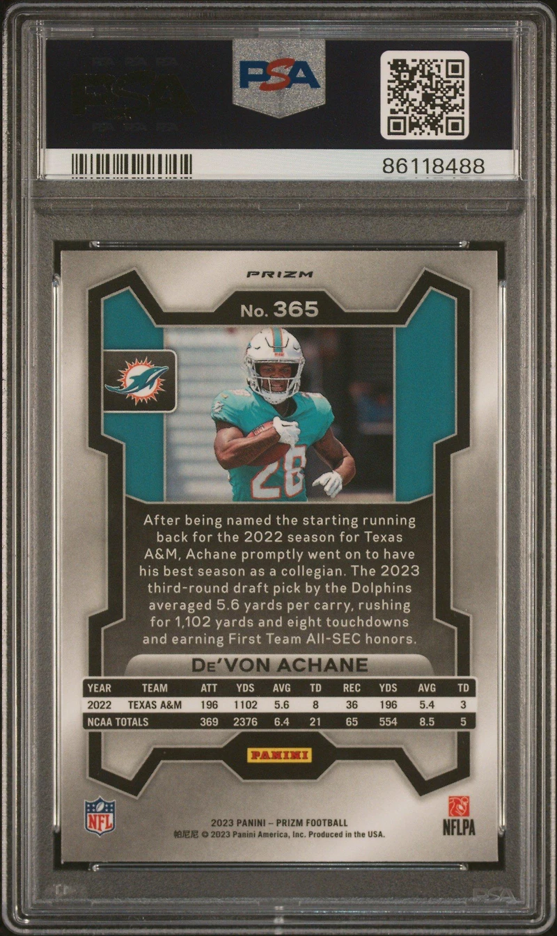 2023 Panini Prizm 365 De'von Achane Silver Prizm PSA 10