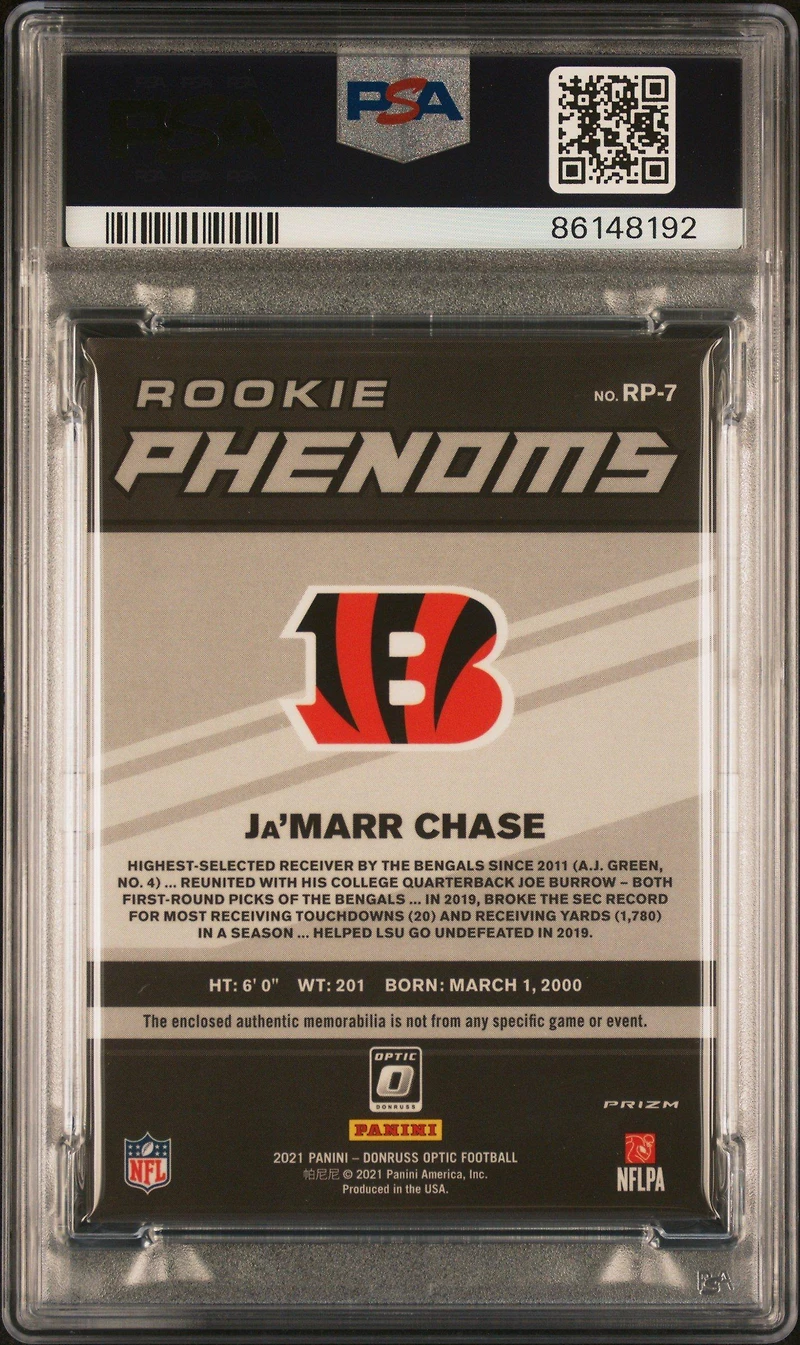 2021 Panini Donruss Optic Rookie Phenoms Memorabilia Rp7 Ja'marr Chase Red PSA 9