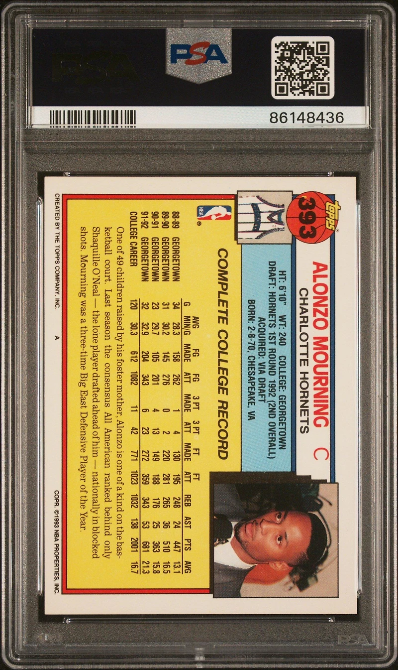 1992 Topps 393 Alonzo Mourning PSA 10