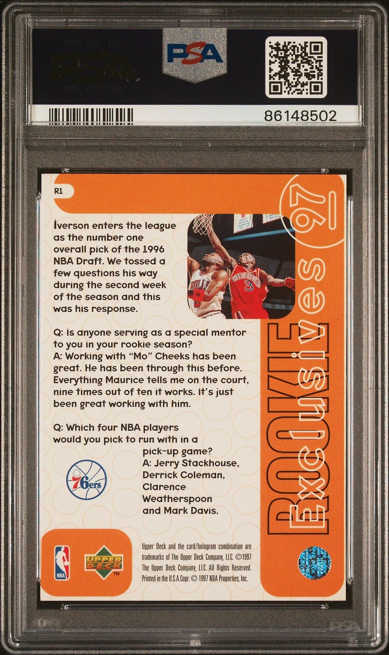 1996 Upper Deck Rookie Exclusives R1 Allen Iverson PSA 9